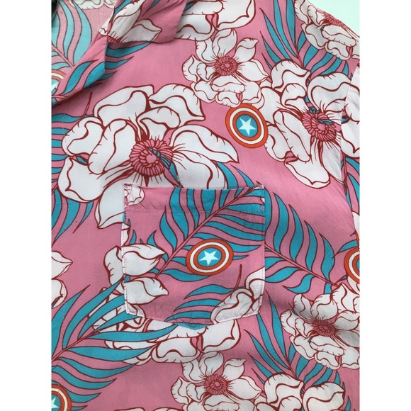 Marvel Captain America Hawaiian Shirt Men's 3XL Pink Floral Tropical Shields - Picture 2 of 7